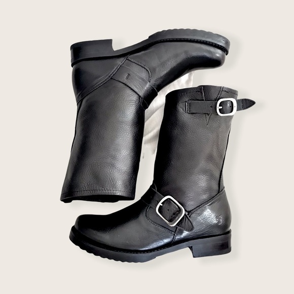 Frye Veronica Short Belted Black Leather Popular Moto Vintage Combat Ankle Boot - Picture 16 of 16